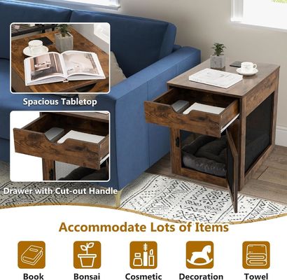 Table de fin de chenil en bois avec coussin amovible et tiroir de rangement Couleur bois gris