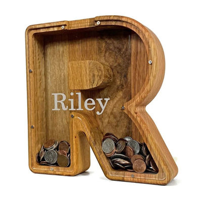 Exigences du client Lettres anglaises en bois créatives Piggy Bank avec verre transparent