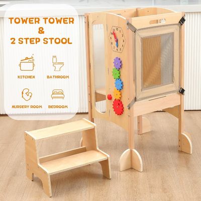 2 étapes Tabouret pliable pour les tout-petits Aide à la cuisine Couleur naturelle de bambou Tabouret pour les enfants