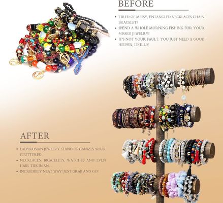 4 rangée de bracelet de montre collier d'affichage en bois Détenteur de support de bijoux en marron antique