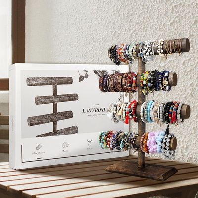 4 rangée de bracelet de montre collier d'affichage en bois Détenteur de support de bijoux en marron antique