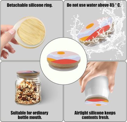 8 Anneaux d'étanchéité en silicone avec des motifs de boho colorés et des couvercles en bambou