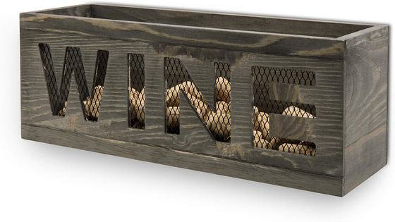 Économisez de l'espace Mur monté Vintage gris en bois résistant aux intempéries Open Top Cork Holder Boîte en bois avec filet métallique