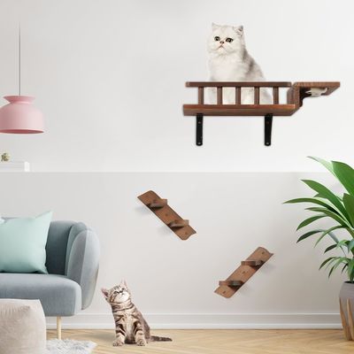 Dites au revoir aux planchers désordonnés Plateforme pour chats montée sur le mur avec échelle et 2 bols