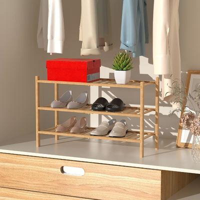 Étagère à chaussures en bambou à trois niveaux multifonctionnelle pour stockage personnalisable non pliable empilable