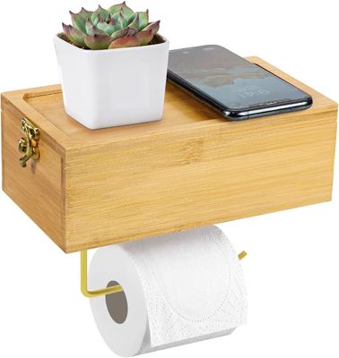 Port de papier toilette monté sur le mur en bambou avec boîte de rangement de tissus humides