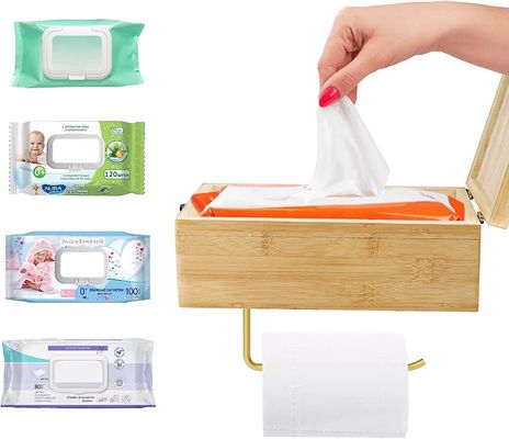 Port de papier toilette monté sur le mur en bambou avec boîte de rangement de tissus humides