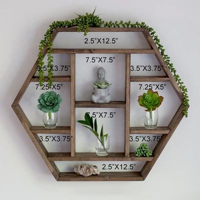 Décoration de la maison en bois massif Hexagone Monté sur le mur Étagère flottante Étagères de stockage en bois