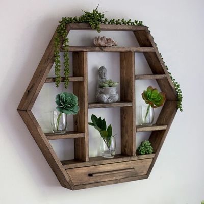 Décoration de la maison en bois massif Hexagone Monté sur le mur Étagère flottante Étagères de stockage en bois