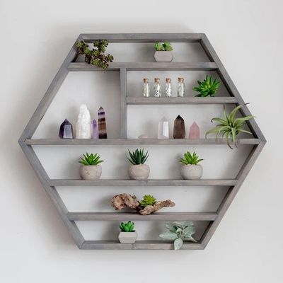 Décoration de la maison en bois massif Hexagone Monté sur le mur Étagère flottante Étagères de stockage en bois