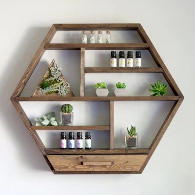 Décoration de la maison en bois massif Hexagone Monté sur le mur Étagère flottante Étagères de stockage en bois