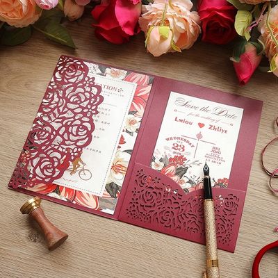 Europe Invitations de mariage en coupe laser Rose creuse poche avec enveloppes et cartes RSVP