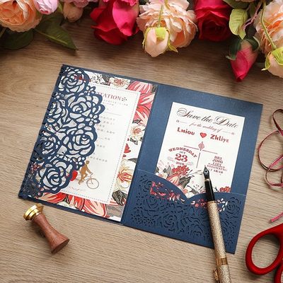 Europe Invitations de mariage en coupe laser Rose creuse poche avec enveloppes et cartes RSVP