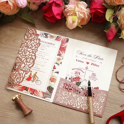 Europe Invitations de mariage en coupe laser Rose creuse poche avec enveloppes et cartes RSVP