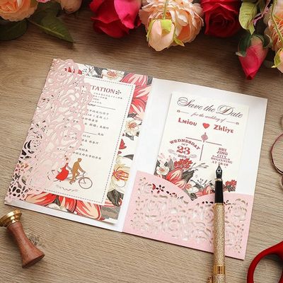 Europe Invitations de mariage en coupe laser Rose creuse poche avec enveloppes et cartes RSVP