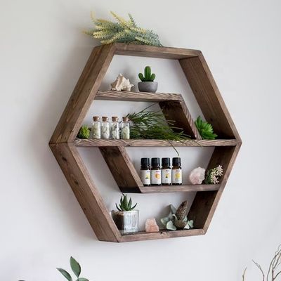 Étagère flottante en bois massif hexagonal Design moderne pour chambre à coucher salon et cuisine