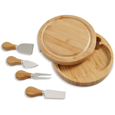 Tableau de fromage en bambou avec logo personnalisé et 4 couteaux de coupe en acier inoxydable de taille personnalisée