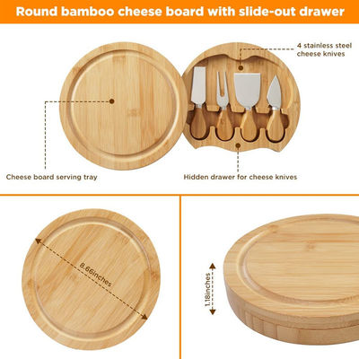 Tableau de fromage en bambou avec logo personnalisé et 4 couteaux de coupe en acier inoxydable de taille personnalisée