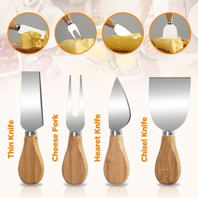Tableau de fromage en bambou avec logo personnalisé et 4 couteaux de coupe en acier inoxydable de taille personnalisée