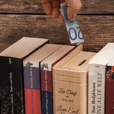 Impression à écran de soie/Logo brûlé Caisse d'épargne en bois pour enfants en forme de livre sur mesure