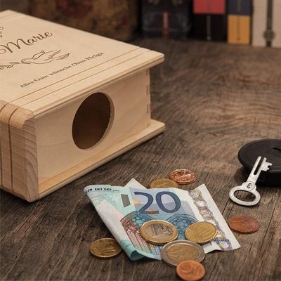 Impression à écran de soie/Logo brûlé Caisse d'épargne en bois pour enfants en forme de livre sur mesure