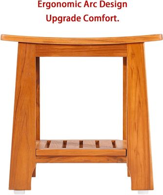 Tabouret de bain en bois avec poignée et étagère en bois de teck de couleur naturelle