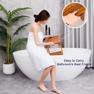 Tabouret de bain en bois avec poignée et étagère en bois de teck de couleur naturelle