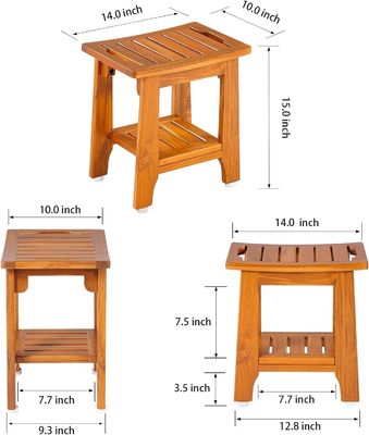 Tabouret de bain en bois avec poignée et étagère en bois de teck de couleur naturelle