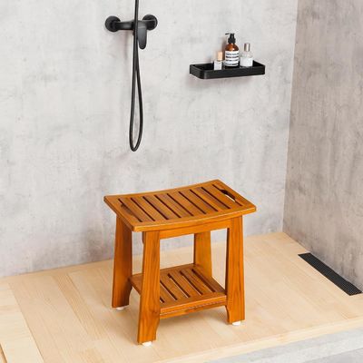 Tabouret de bain en bois avec poignée et étagère en bois de teck de couleur naturelle