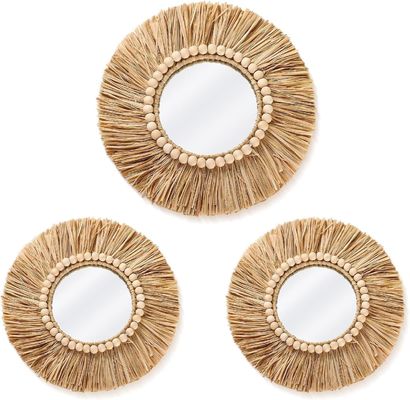 Boho Raffia Miroir Décor suspendu au mur Rustique Cercle rond Miroirs de ferme Esthétique