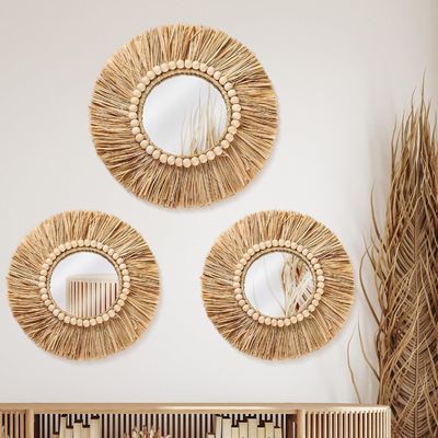 Boho Raffia Miroir Décor suspendu au mur Rustique Cercle rond Miroirs de ferme Esthétique