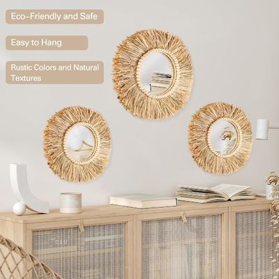 Boho Raffia Miroir Décor suspendu au mur Rustique Cercle rond Miroirs de ferme Esthétique