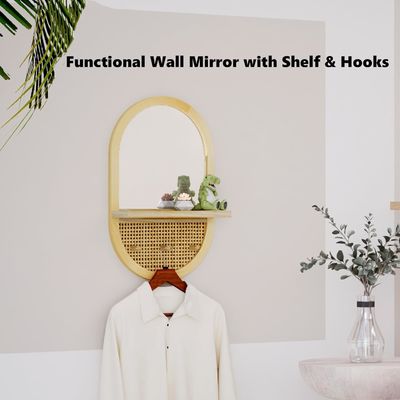 Salle de bains Chambre d'entrée Salle de séjour Miroirs décoratifs Miroir murale avec étagère et crochets à manteaux En bois encadré