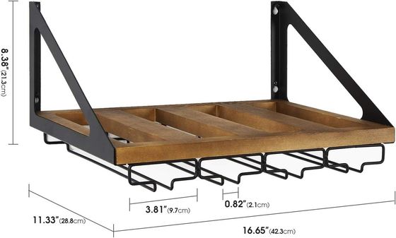 Étagère non pliable Monture murale en bois rustique Étagère à vin avec 4 porte-verre métallique