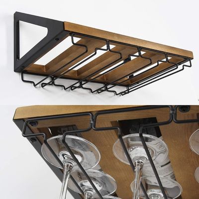 Étagère non pliable Monture murale en bois rustique Étagère à vin avec 4 porte-verre métallique
