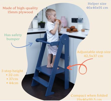 Impression de tabouret de cuisine pour tout-petits brûlé avec 3 hauteurs réglables pliées Oui