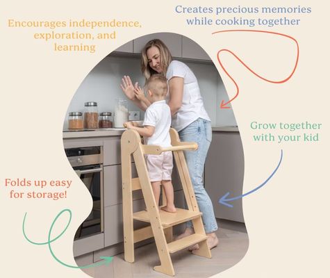 Impression de tabouret de cuisine pour tout-petits brûlé avec 3 hauteurs réglables pliées Oui