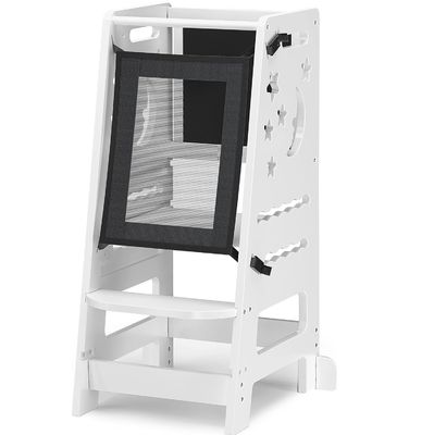 Tableau d'activités en noir et blanc, poupée, tabouret de cuisine