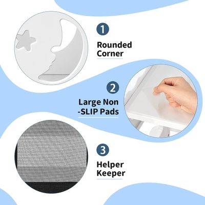 Tableau d'activités en noir et blanc, poupée, tabouret de cuisine