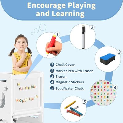 Tableau d'activités en noir et blanc, poupée, tabouret de cuisine