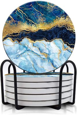 Personnalisé rond 4''6 pcs Marbre Peint Absorbant de la pierre de céramique sous-sol avec support