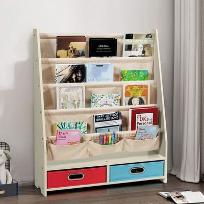Meubles de salon Organisateur de bibliothèque en bois avec 4 étagères et 2 boîtes de rangement de jouets