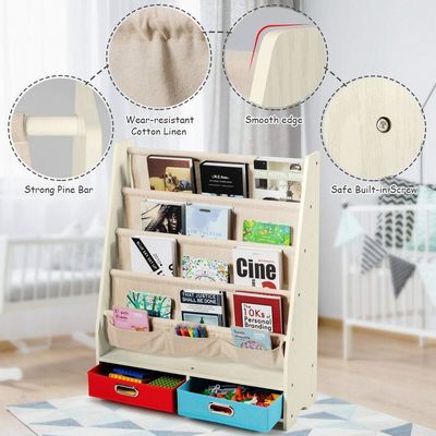 Meubles de salon Organisateur de bibliothèque en bois avec 4 étagères et 2 boîtes de rangement de jouets