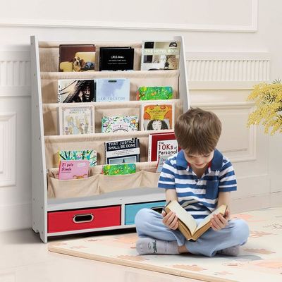 Meubles de salon Organisateur de bibliothèque en bois avec 4 étagères et 2 boîtes de rangement de jouets