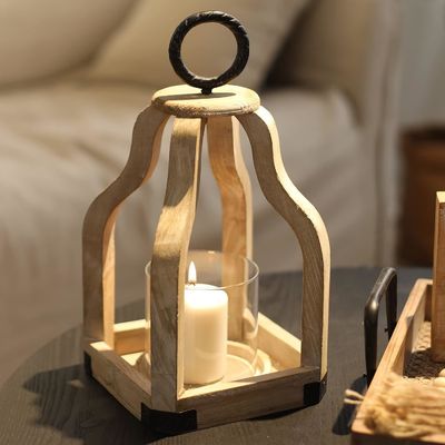Décoration de patio extérieur Lumière en bois lanterne avec porte-bougie en verre