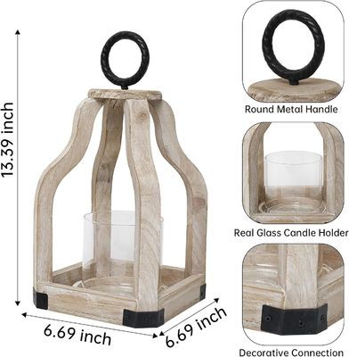 Décoration de patio extérieur Lumière en bois lanterne avec porte-bougie en verre