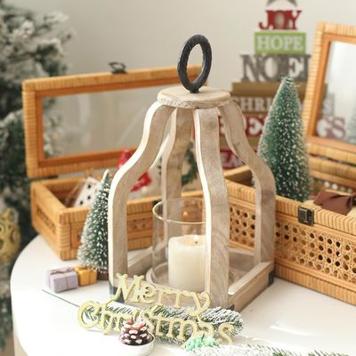 Décoration de patio extérieur Lumière en bois lanterne avec porte-bougie en verre