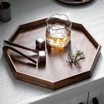Plateau de service en bois de noyer d'acacia de forme ronde octogonale 30x20x3 cm avec impression brûlée