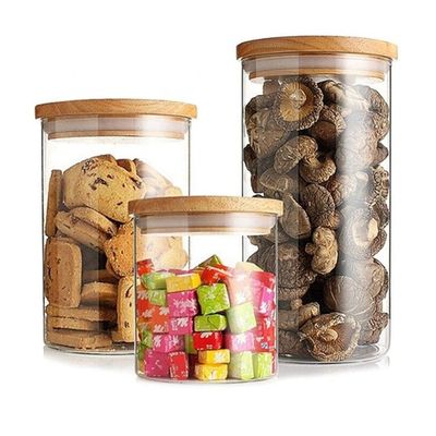 Bouteille en bambou avec couvercle scellé en verre borosilicate épais de qualité alimentaire pour épices de riz et de sucre