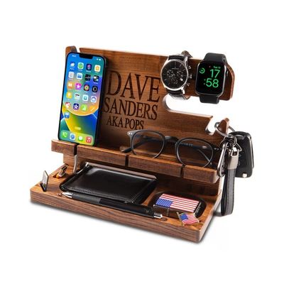 Station d'accueil en bois imprimée à écran de soie pour portefeuille de téléphone et clé idéal pour homme